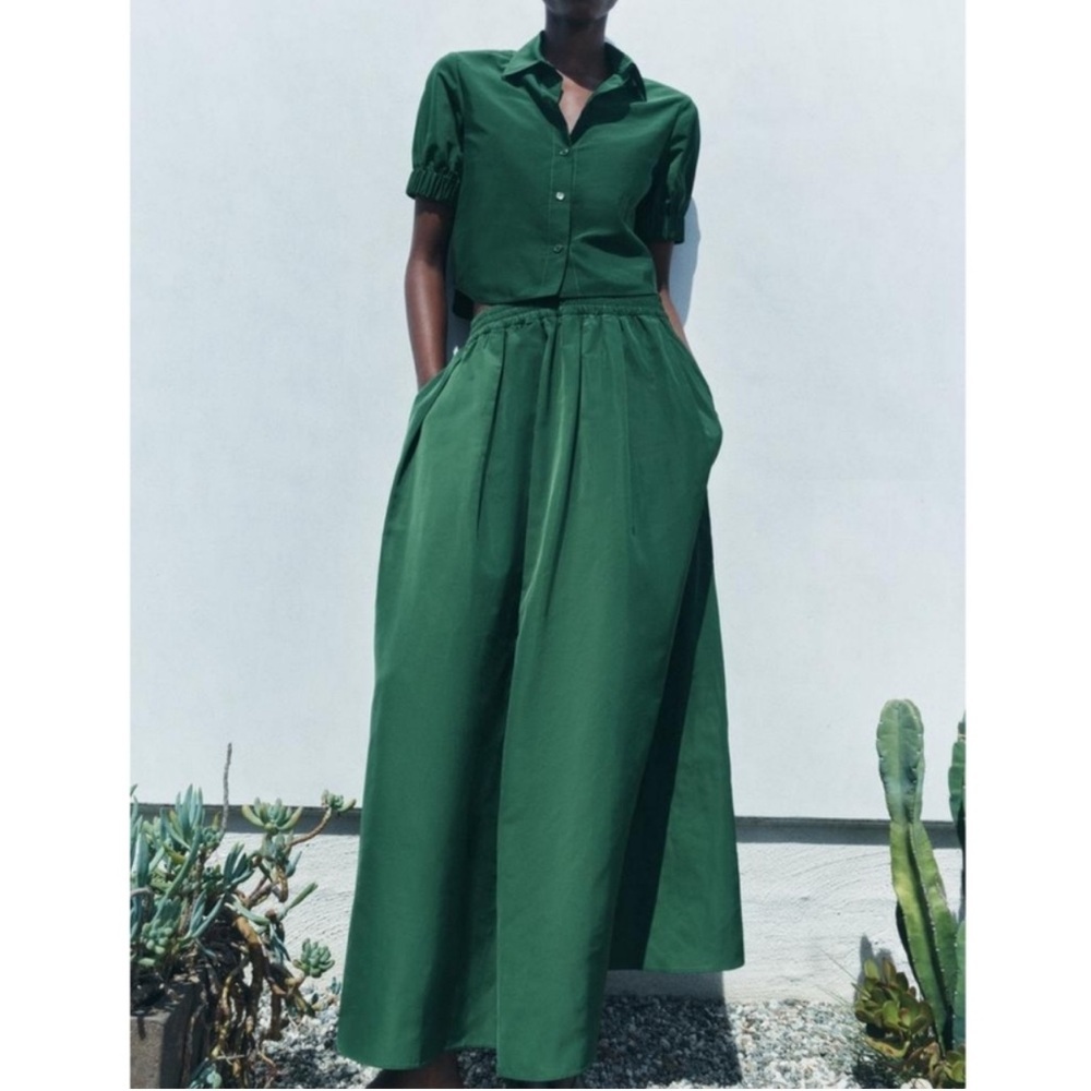 ZARA Maxi Skirt Voluminous Green Women XS-S Pull On Nylon Pocket New 2731/062 - Picture 2 of 10